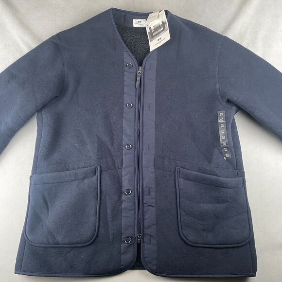 UNIQLO x Engineered Garments Fleece Collarless Coat Men M Navy Zip Snap Oversize - Picture 2 of 8